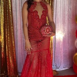 Elegant Red Beaded Prom Dress Maya Red
